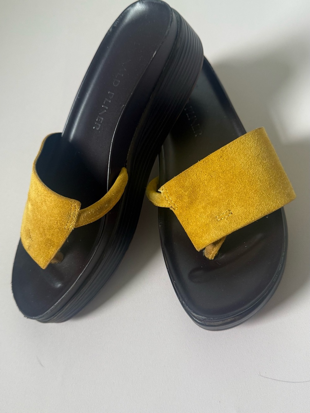 Wide Suede Toe-Loop Slide Sandals in Mustard